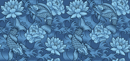 Japanese koi fish seamless background, this design can be used as a print for fabric as well as for many other creative products.
