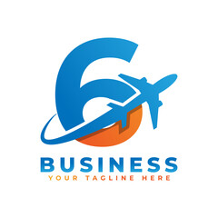 Number 6 with Airplane Logo Design. Suitable for Tour and Travel, Start up, Logistic, Business Logo Template