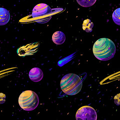 Fototapeta na wymiar Seamless pattern. Galaxy, space, stars, planets. Hand drawn illustrations