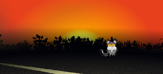 Obraz na płótnie Canvas Night road and Cute fluffy cartoon Black cat, highway under the open sky. Morning, evening abstract background. Suburban asphalt way, route. Horizon and orange dawn, sunrise or sunset.
