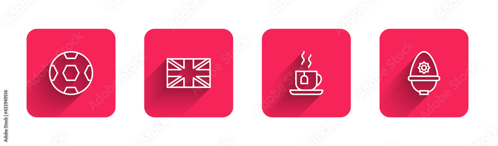 Sticker Set line Football ball, Flag of Great Britain, Cup tea with tea bag and British police helmet with long shadow. Red square button. Vector