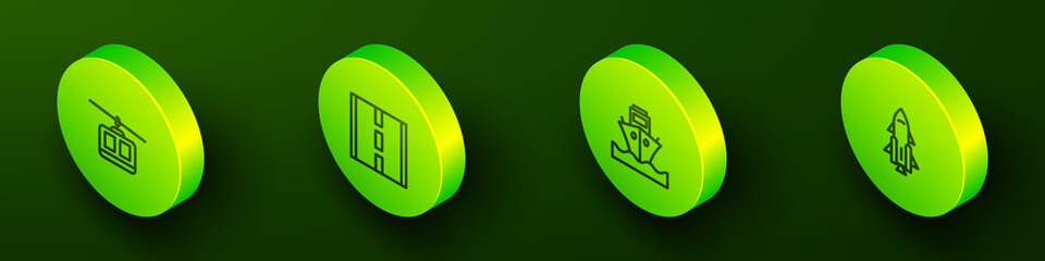 Set Isometric line Cable car, Road, Cargo ship and Rocket with fire icon. Vector