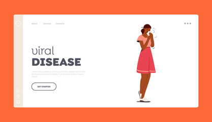Viral Disease Landing Page Template. Ill Female Character Sneezing with Runny Nose, Contagious Flu or Sickness Infection