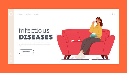 Flu and Viral Infection Sickness Landing Page Template. Diseased Woman Sneezing. Female Character Coughing Having Cold