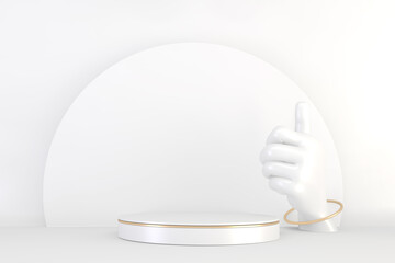 The white hand that is raising the pallet for the product display.3D rendering