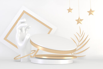 The white hand that is raising the pallet for the product display.3D rendering