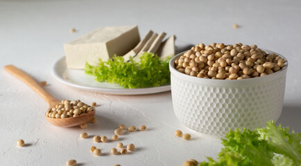 Fresh tofu (tahu) cheese with Natural organic soy beans in ceramic bowl on white background