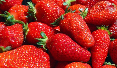 natural ripe strawberries background pattern - closeup healthy realfood of mature fruit for a red and green background