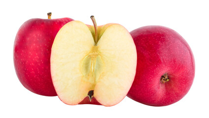 Pink lady apples with slice isolated on white background.