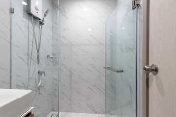 White Small Bathroom in Apartment with Water Heater and Shower Cabin 