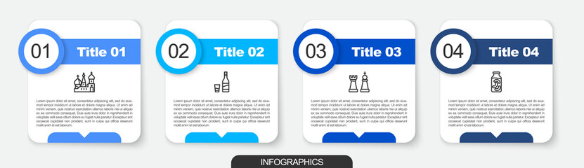 Set line Saint Basil's Cathedral, Bottle of vodka with glass, Chess and Pickled cucumbers jar. Business infographic template. Vector