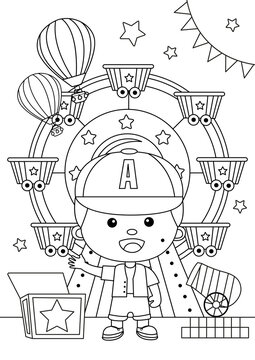 Coloring Page Of Little Boy In Front Of Ferris Wheel At Amusement Park