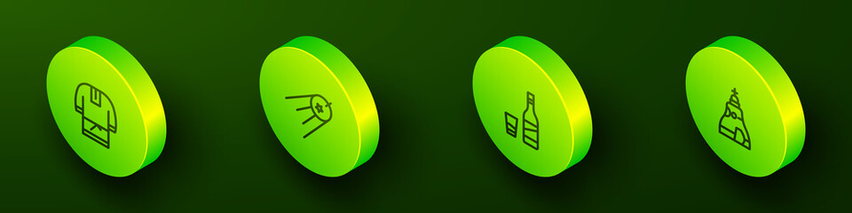 Set Isometric line Kosovorotka, Satellite, Bottle of vodka with glass and The Tsar bell icon. Vector