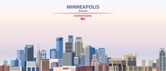Minneapolis cityscape on sunset sky background vector illustration with country and city name and with flag of United States - obrazy, fototapety, plakaty