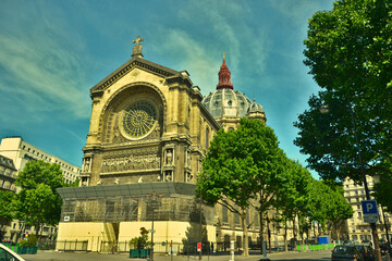 Paris, France - June 6th 2015 : The Saint-Augustin Church is a church in the 8th arrondissement of Paris, built between 1860 and 1871. Focus on the rose windows of the church. - obrazy, fototapety, plakaty