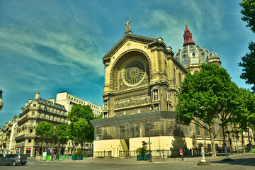 Fototapeta na wymiar Paris, France - June 6th 2015 : The Saint-Augustin Church is a church in the 8th arrondissement of Paris, built between 1860 and 1871. Focus on the rose windows of the church.