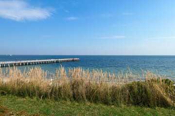 A panoramic view on the costal line in Gdynia, Poland, seen from a small cliff above the sea level.  There is a white pier going into the calm Baltic Sea. High grass overgrowing the shore. Idyllic
