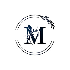 Initial Letter M Botanical Flowers with lettering circle hand drawn. Suitable for natural, eco, jewelry, fashion, personal or corporate branding.