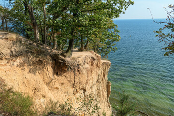 A panoramic view on the costal line in Gdynia, Poland, seen from a cliff above the sea level. Calm Baltic Sea reflecting sunbeams from its calms surface. High trees overgrowing the cliffs. Idyllic