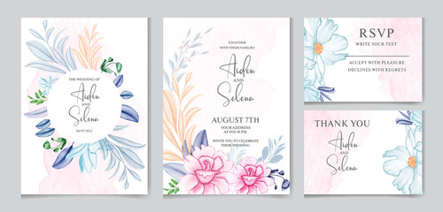Fototapeta na wymiar Elegant wedding invitation card template set with pink flowers and beautiful blue and creamy leaves decoration. watercolor floral frame and border decoration. botanic illustration for card composition