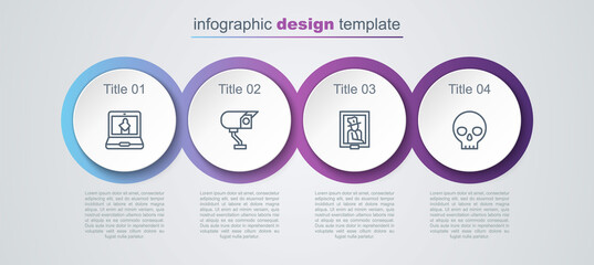 Set line Online museum, Security camera, Portrait and Human skull. Business infographic template. Vector