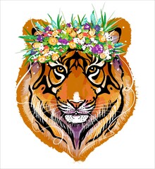 The illustration is watercolour. Portrait of a tiger with a wreath of flowers.