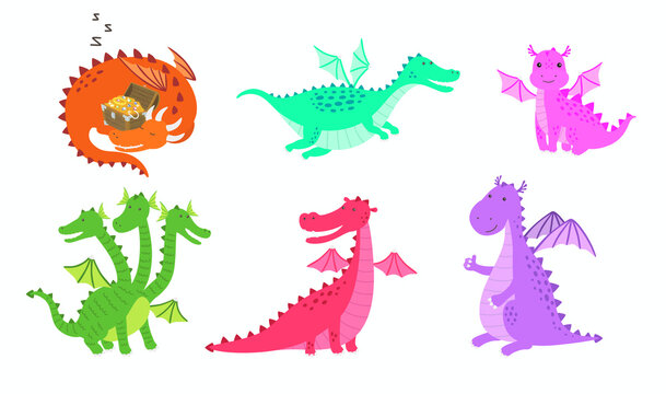 Vector set cartoon images of funny dragons of different colors and forms in different poses on a white background.