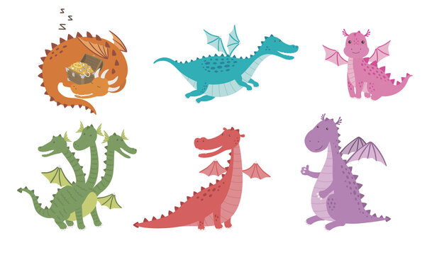 Set cartoon images of funny dragons of different colors and forms in different poses on a white background.