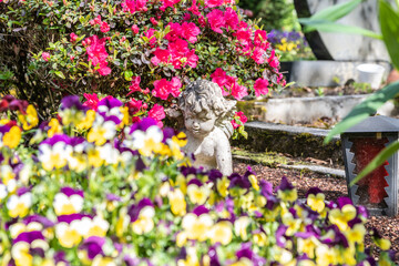 kleiner Engel inmitten blühender Blumen