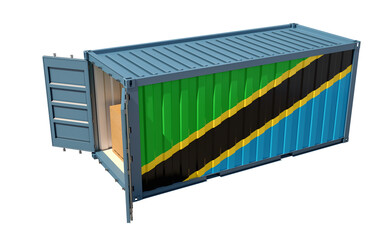  Shipping Container with Tanzania flag. Isolated on white. 3D Rendering