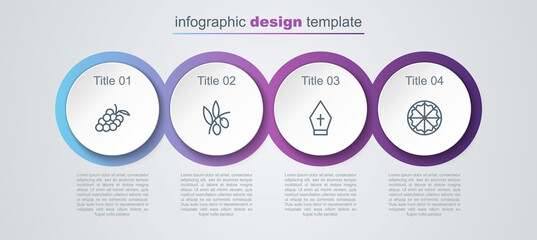 Set line Grape fruit, Olives branch, Pope hat and Pizza. Business infographic template. Vector