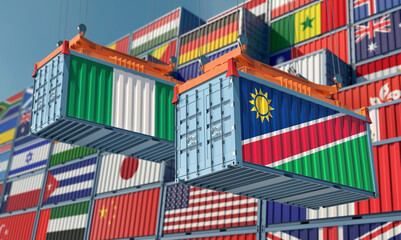 Two freight container with Nigeria and Namibia flag. 3D Rendering