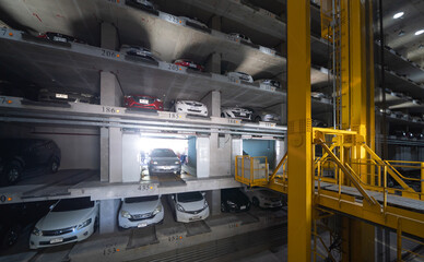 Automatic row of cars of lift or elevator parking system, mechanical vehicle  innovative material...