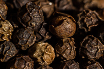 closeup of black and red peppercorns. macro photography. Spices for cooking food.