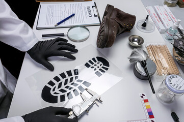 Police scientist investigates with a scale on a shoe sole tape tread involved in crime lab murder, concept image