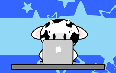 cute online studing cow kid character cartoon in vector format