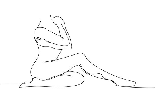 Continuous one line of beautiful female body is expressing in silhouette. Linear stylized. Minimalist.