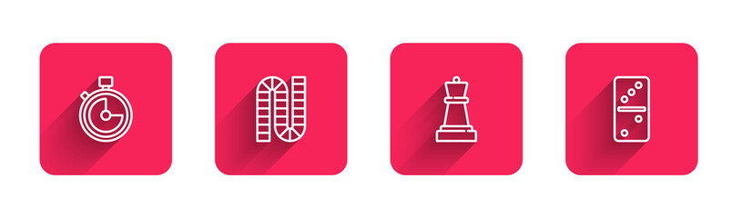Set line Stopwatch, Board game, Chess and Domino with long shadow. Red square button. Vector