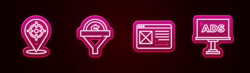 Set line Target sport, Lead management, Browser window and Advertising. Glowing neon icon. Vector