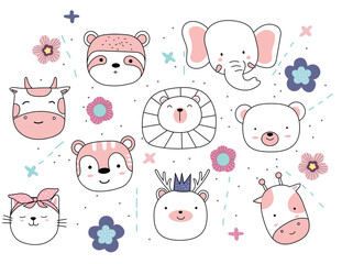 Adorable animals illustration on white background. hand drawn style