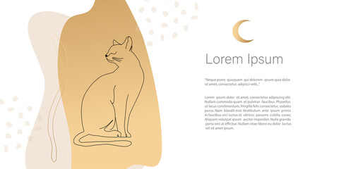 Abstract minimalistic Vector cat. Line art drawing with abstract shape in trendy gold color. Template with copy space for text and images design for  invitation, cards, banner and poster, Landing