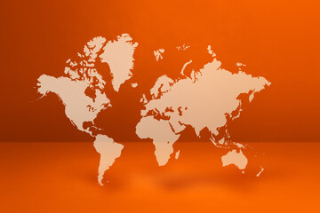 World map on orange wall background. 3D illustration