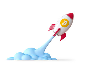 red bitcoin rocket fly to sky on white background isolated 3d rendering illustration