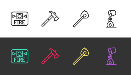 Set line Fire alarm system, Firefighter axe, Burning match with fire and Bucket extinguishing on black and white. Vector