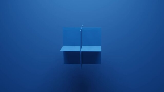 Square geometric shape rotates in random direction 3d rendering on blue background. Abstract seamless loop simple animation