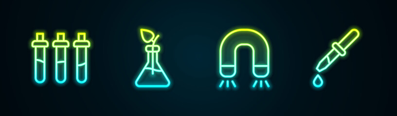 Set line Reagent bottle, Plant breeding, Magnet and Pipette. Glowing neon icon. Vector