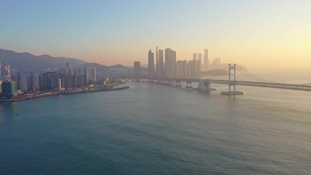 Aerial view, Drone view,Drone footage of Gwangandaegyo bridge at Gwangalli Beach in Busan City South Korea