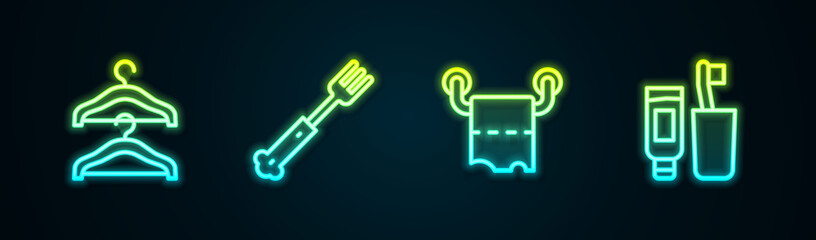 Set line Hanger wardrobe, Fork, Toilet paper roll and Toothbrush and toothpaste. Glowing neon icon. Vector