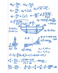 Vector background with physics formulas, equations and schemes on notebook page. College notation. Education and scientific illustration.