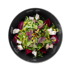 Isolated bowl of beetroot salad with feta cheese and greens